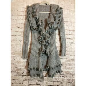 Lapis Sweater Womens Medium Gray Faux Fur Ruffle Trim Open Front Waterfall Cardi